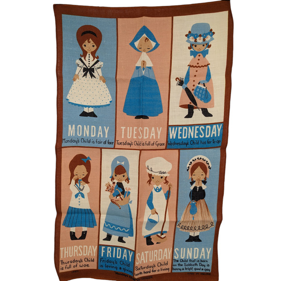 SALE! Deadstock NOS ULSTER "Monday's Child" Linen Tea Towel Retro Vintage 1970's - Picture 1 of 10